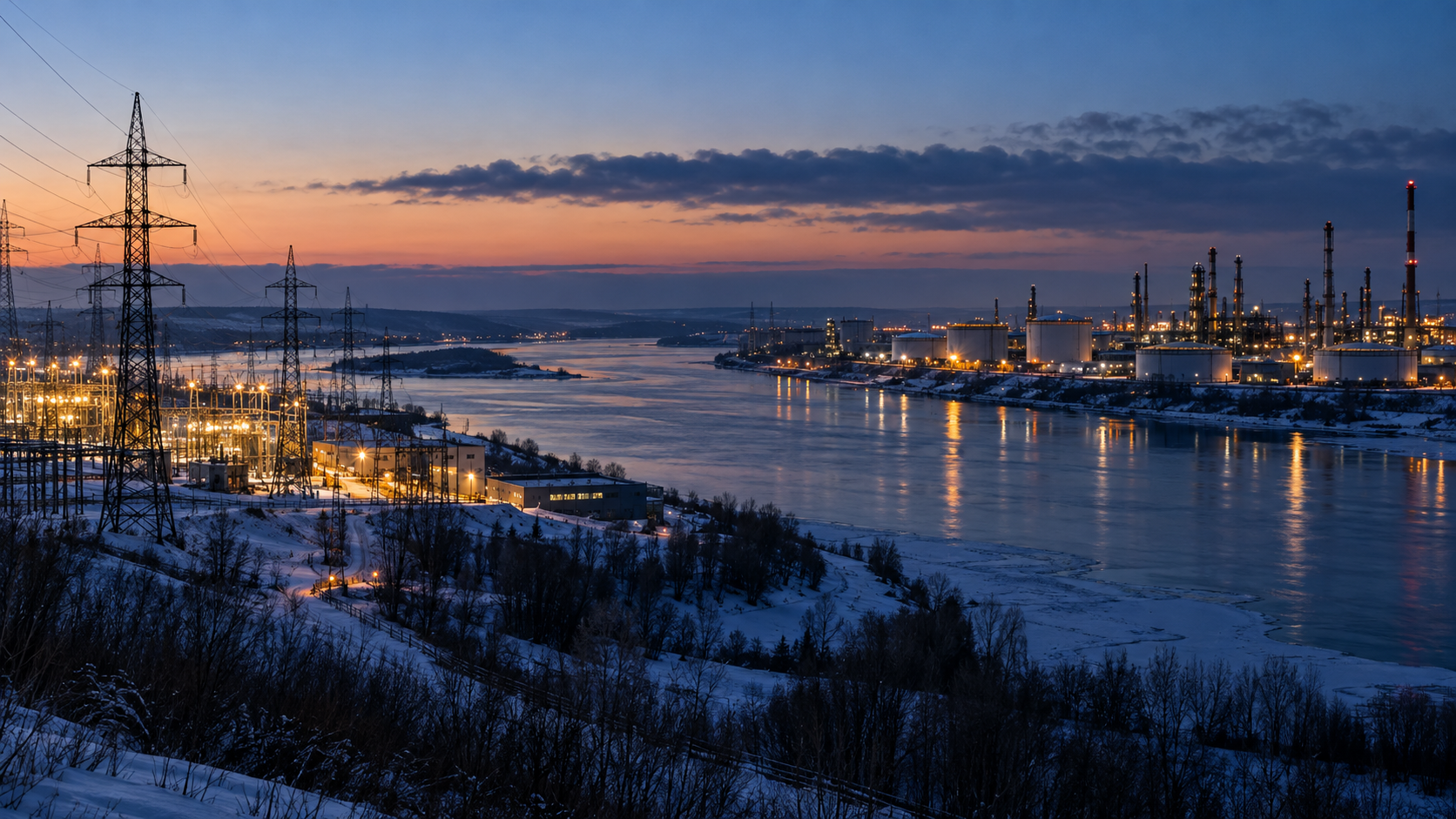 AI-generated editorial illustration of power infrastructure in Ukraine and an oil refinery across a winter landscape