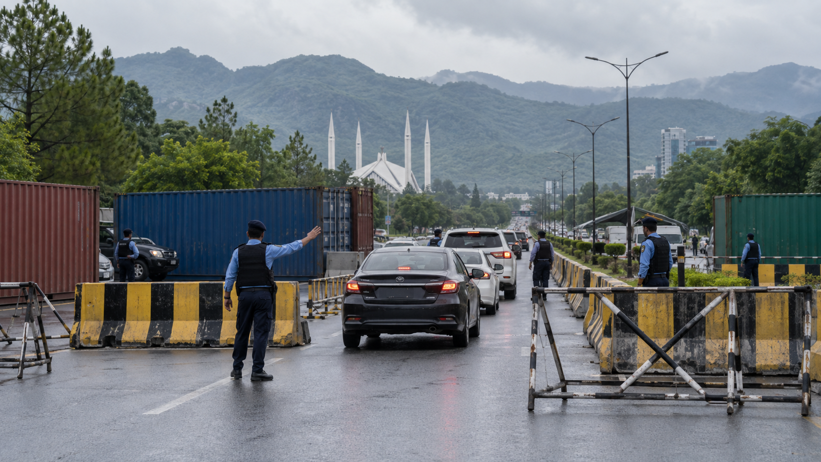 AI-generated editorial illustration of traffic passing a container checkpoint on an Islamabad avenue