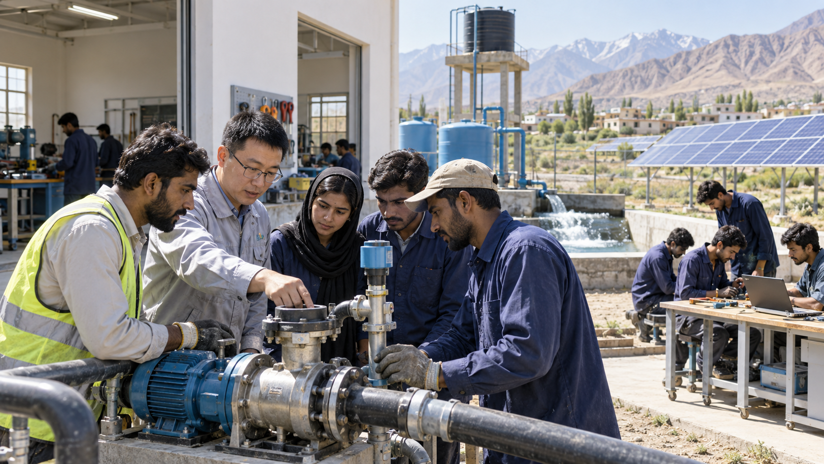 AI-generated editorial illustration of Pakistani and Chinese engineers reviewing a solar and water development project