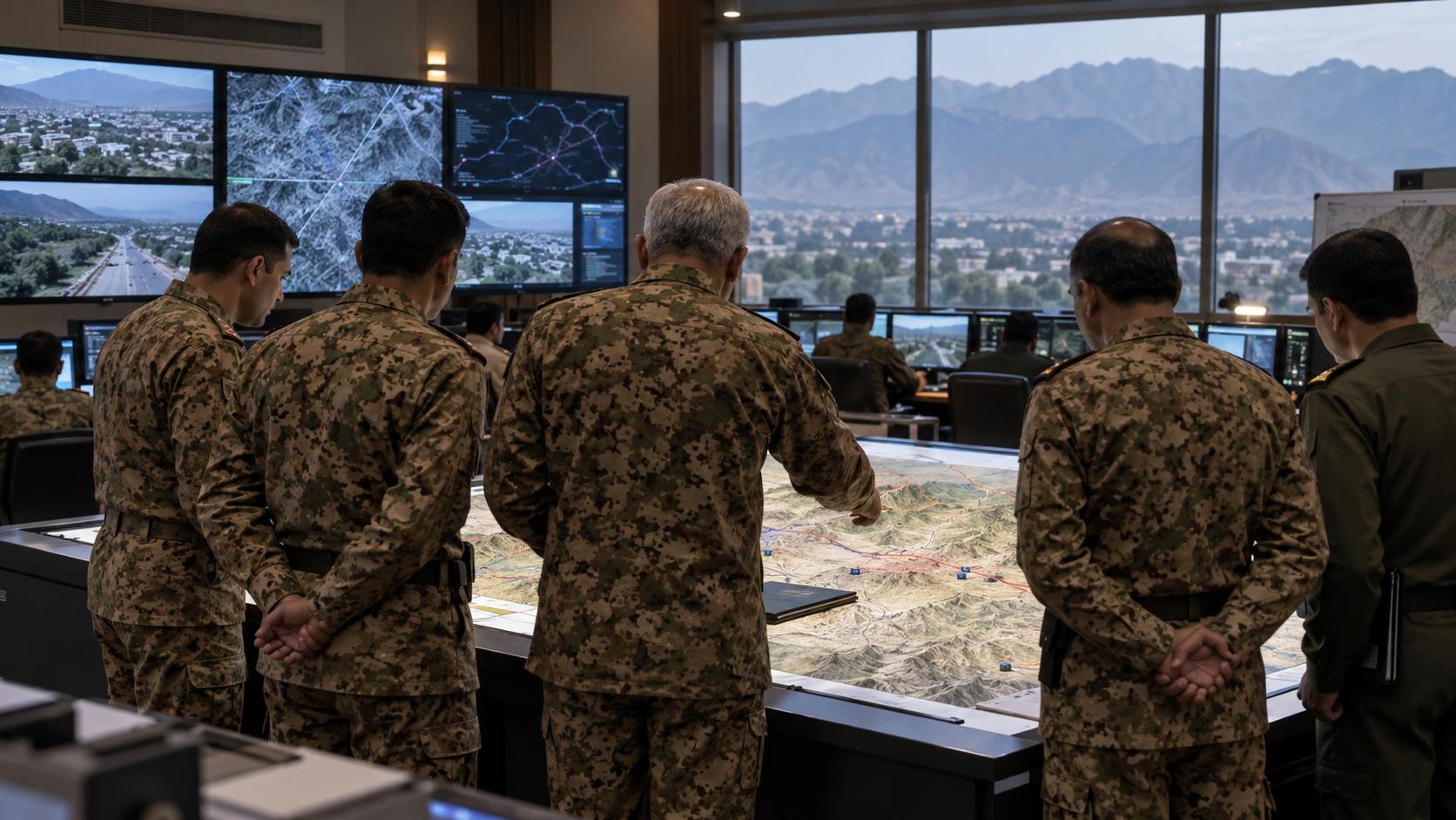 AI-generated editorial illustration of senior commanders reviewing security operations at a military headquarters