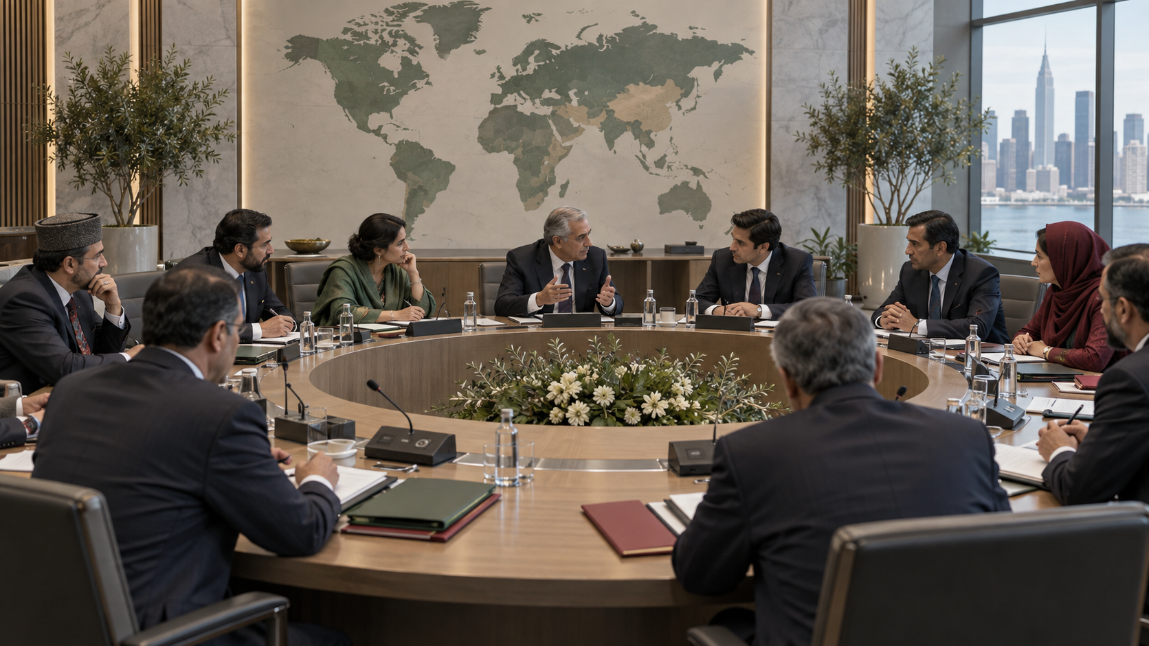 AI-generated editorial illustration of regional diplomats holding security and economic talks at a conference table