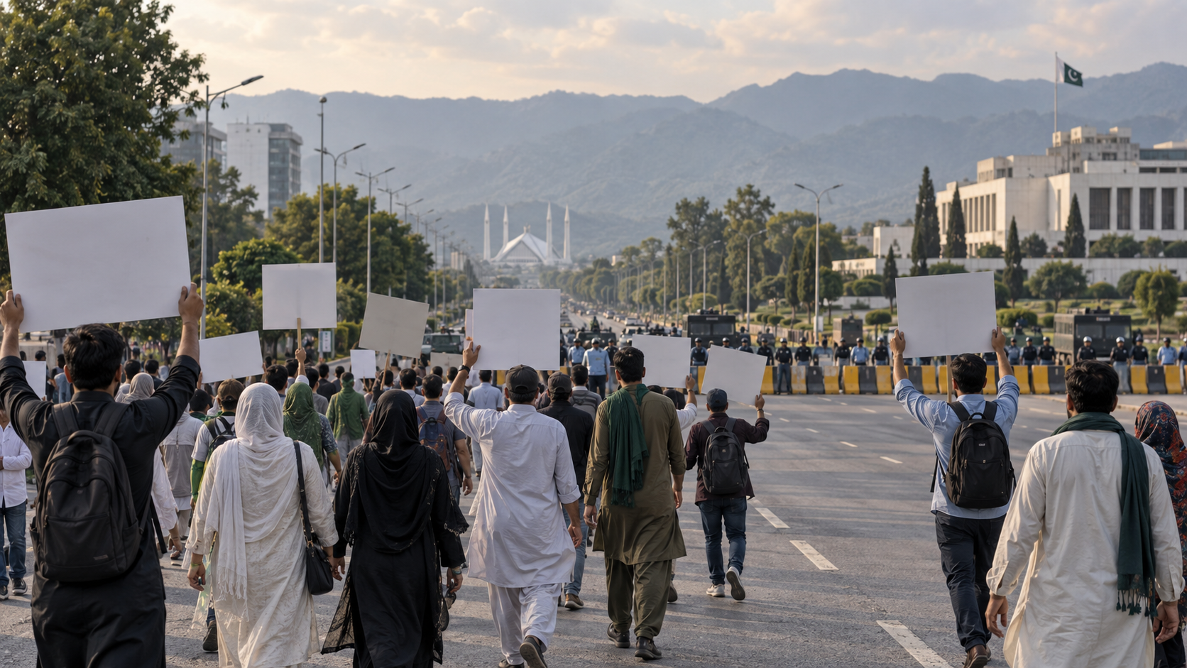 AI-generated editorial illustration of peaceful political supporters approaching a security checkpoint in Islamabad