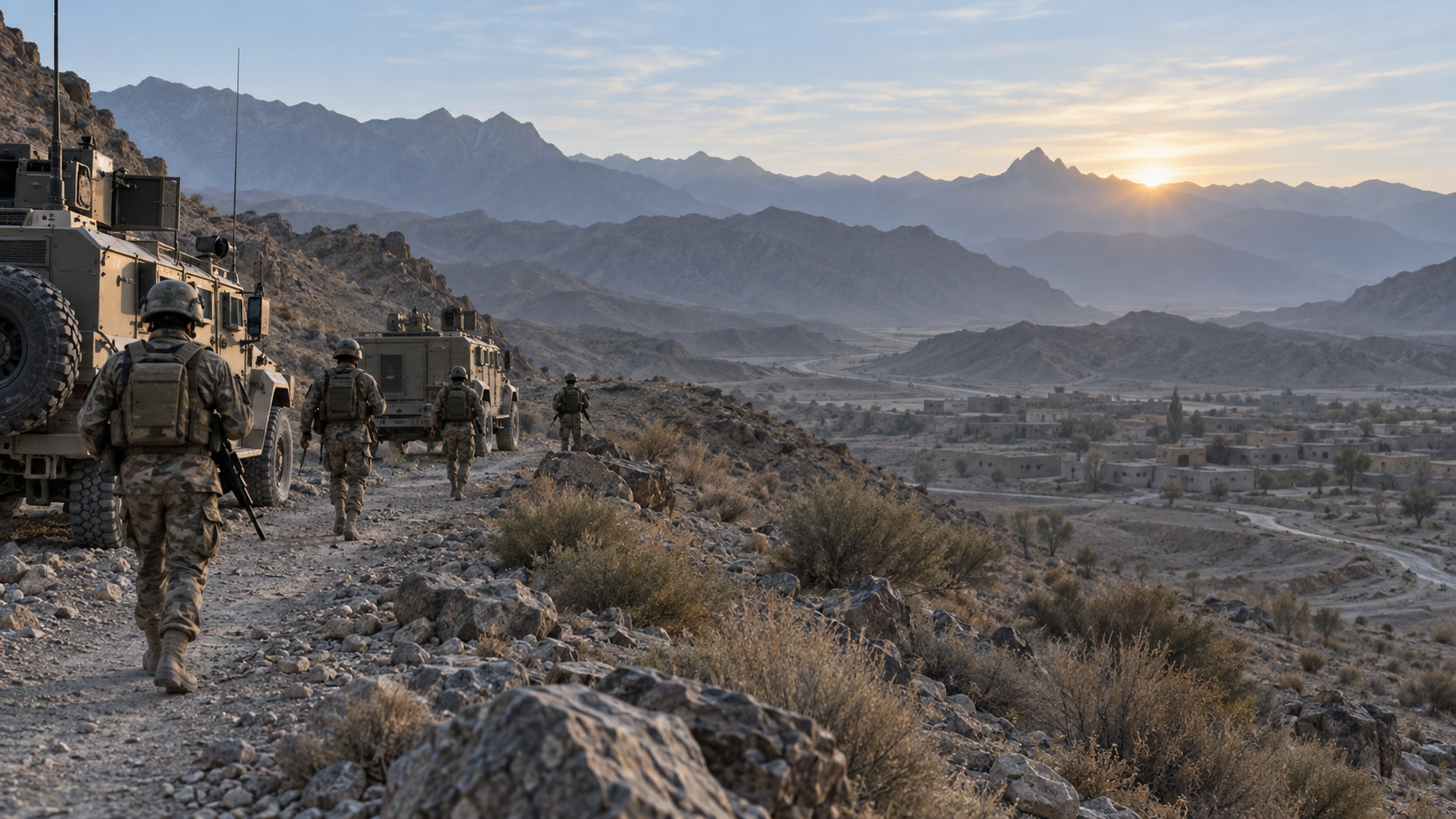 AI-generated editorial illustration of security personnel patrolling mountainous terrain in Balochistan