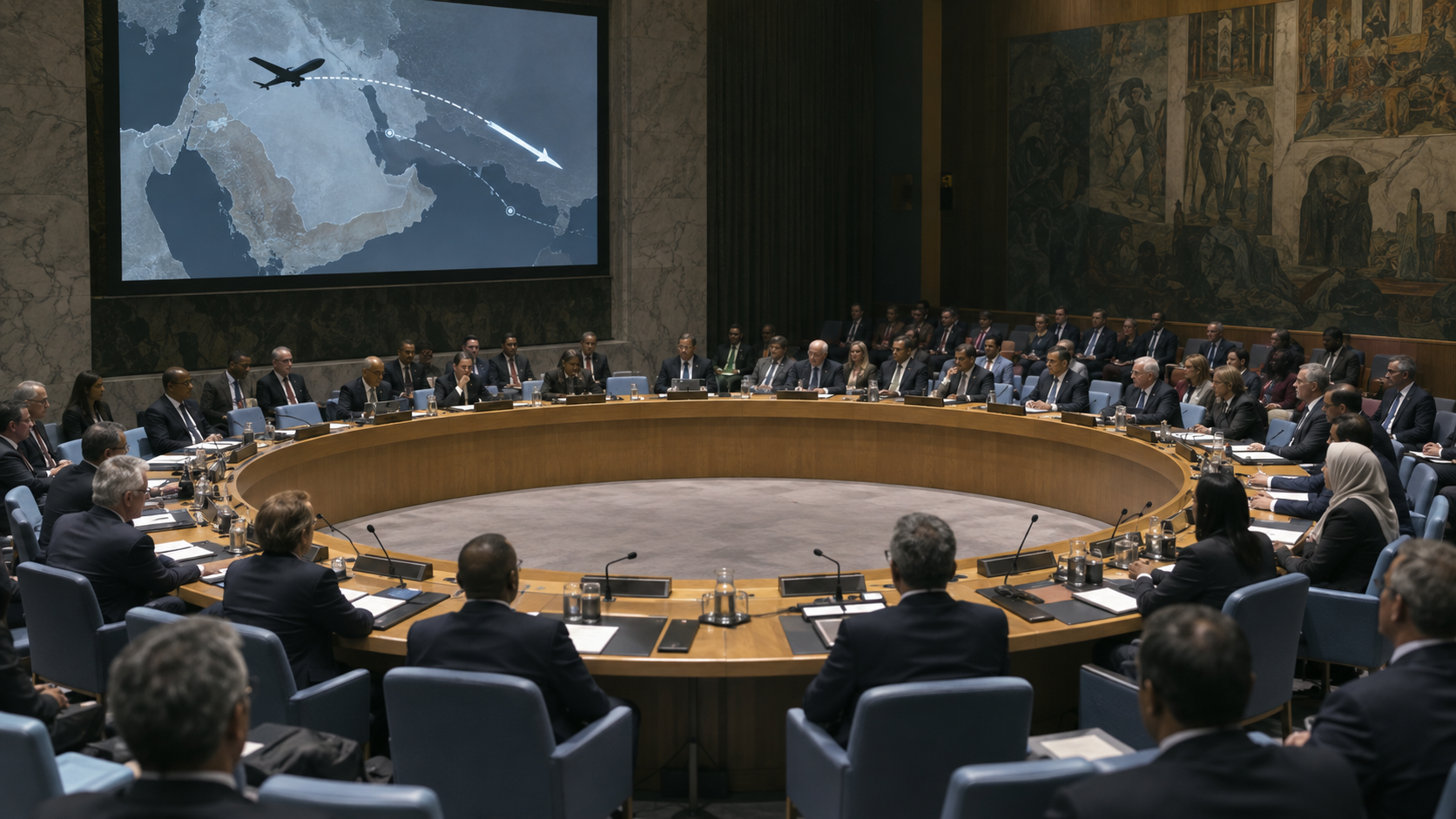 AI-generated editorial illustration of a UN Security Council session discussing missile and drone attacks in the Middle East