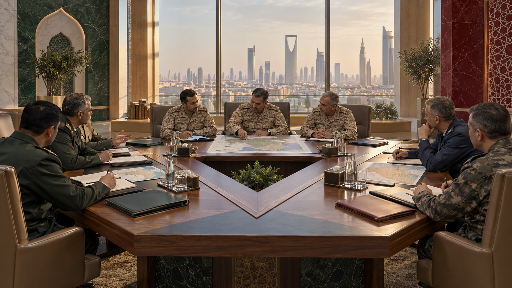 AI-generated editorial illustration of three military delegations discussing defence cooperation in Riyadh