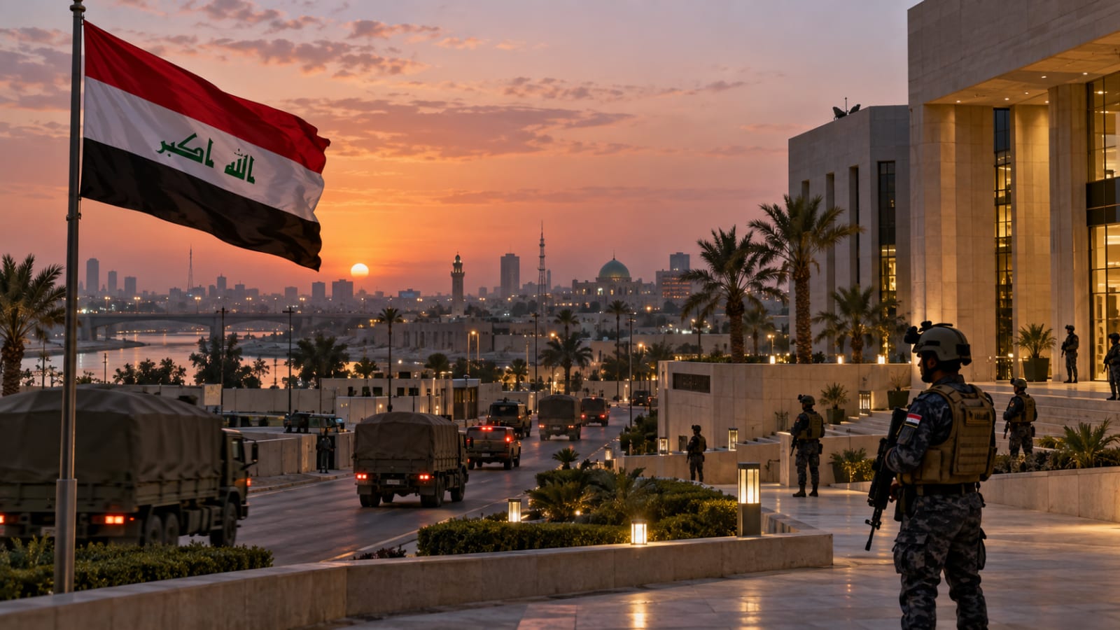 AI-generated editorial illustration of Baghdad and Iraqi security forces during a military transition