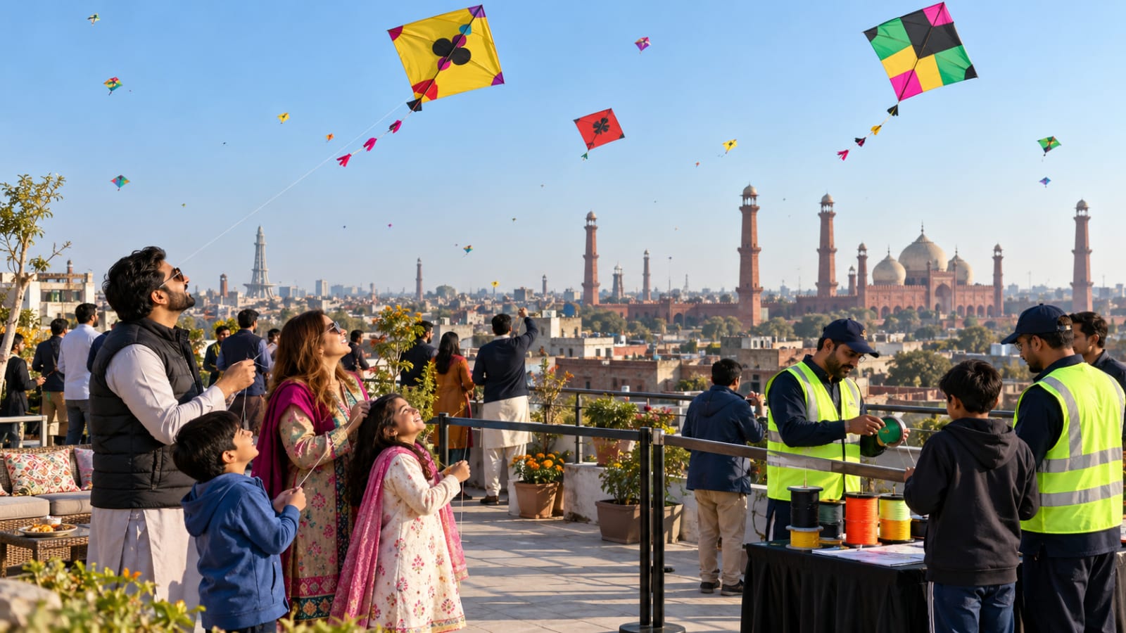 AI-generated editorial illustration of a safety-managed Basant celebration in Lahore