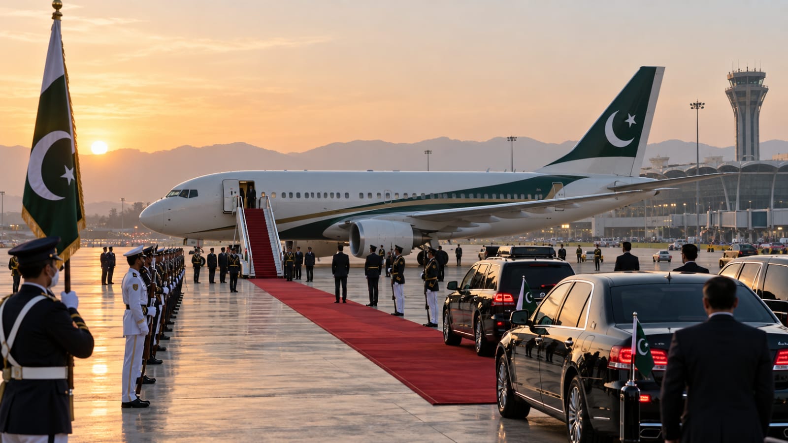 AI-generated editorial illustration of an official aircraft arriving at Islamabad airport