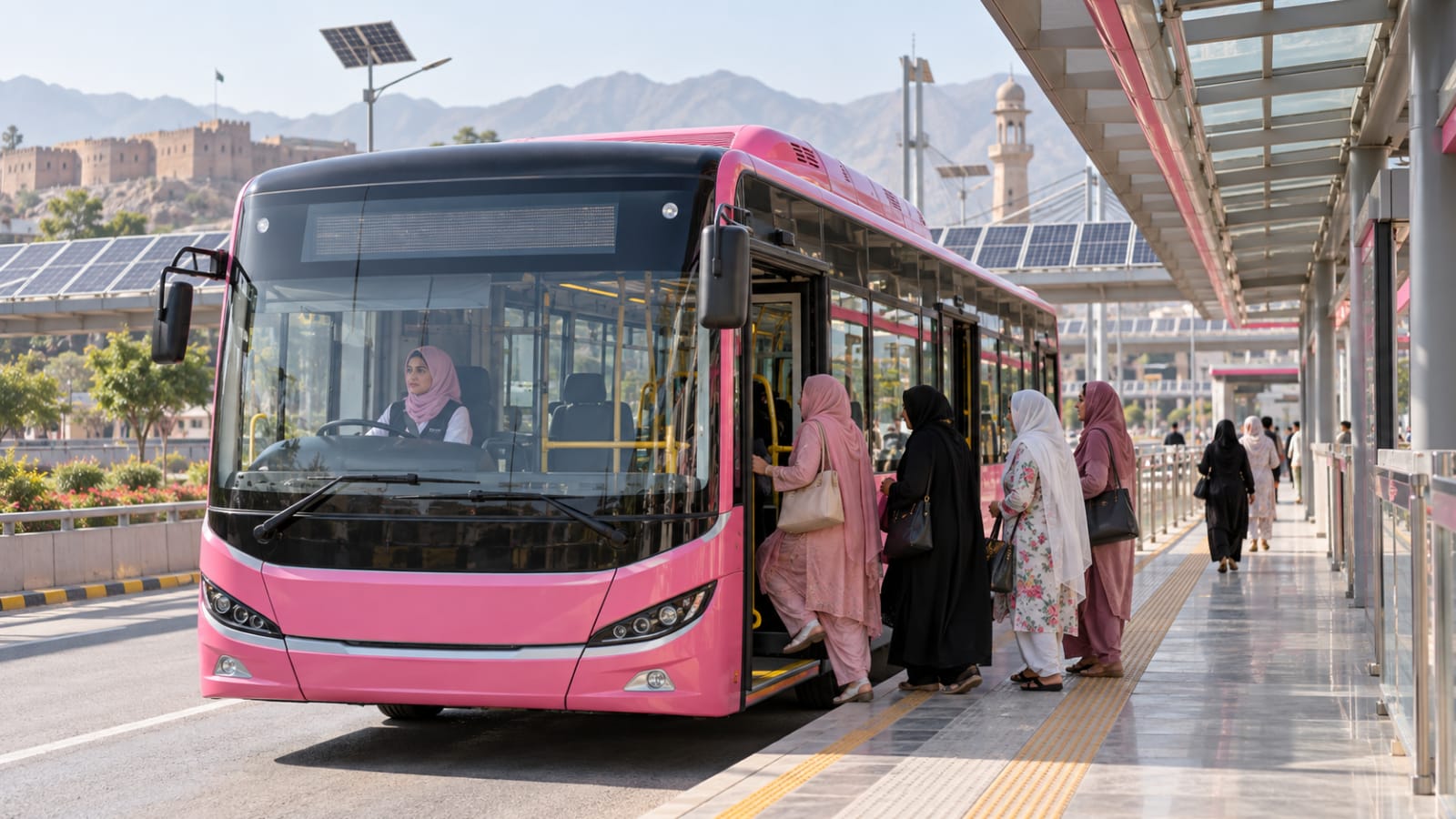 AI-generated editorial illustration of women boarding a pink public bus in Peshawar