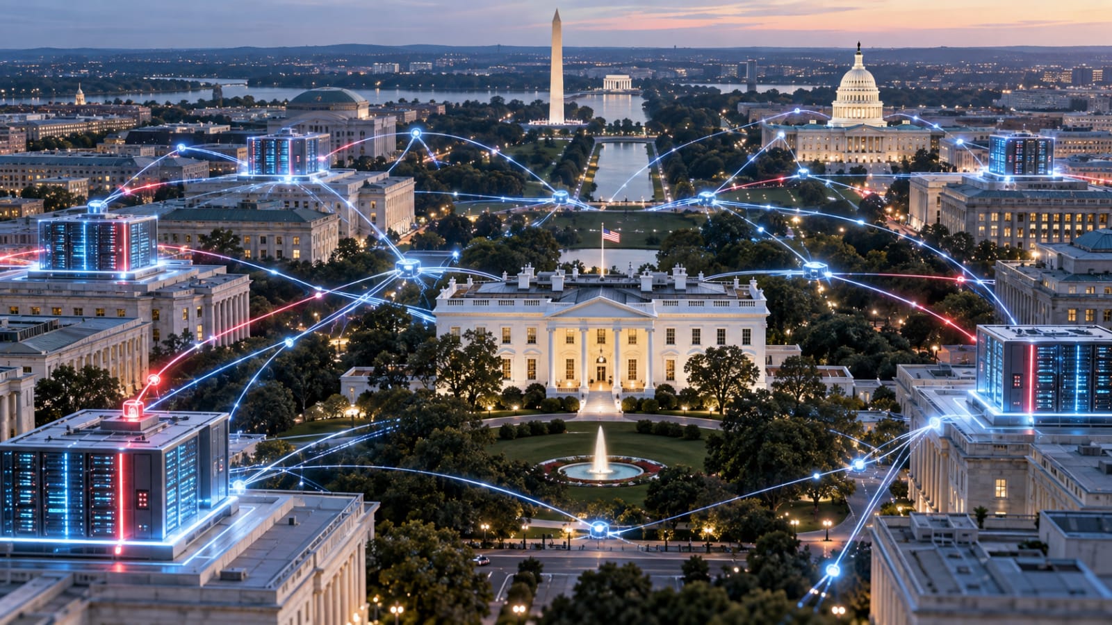 AI-generated editorial illustration of connected computing systems across US government buildings