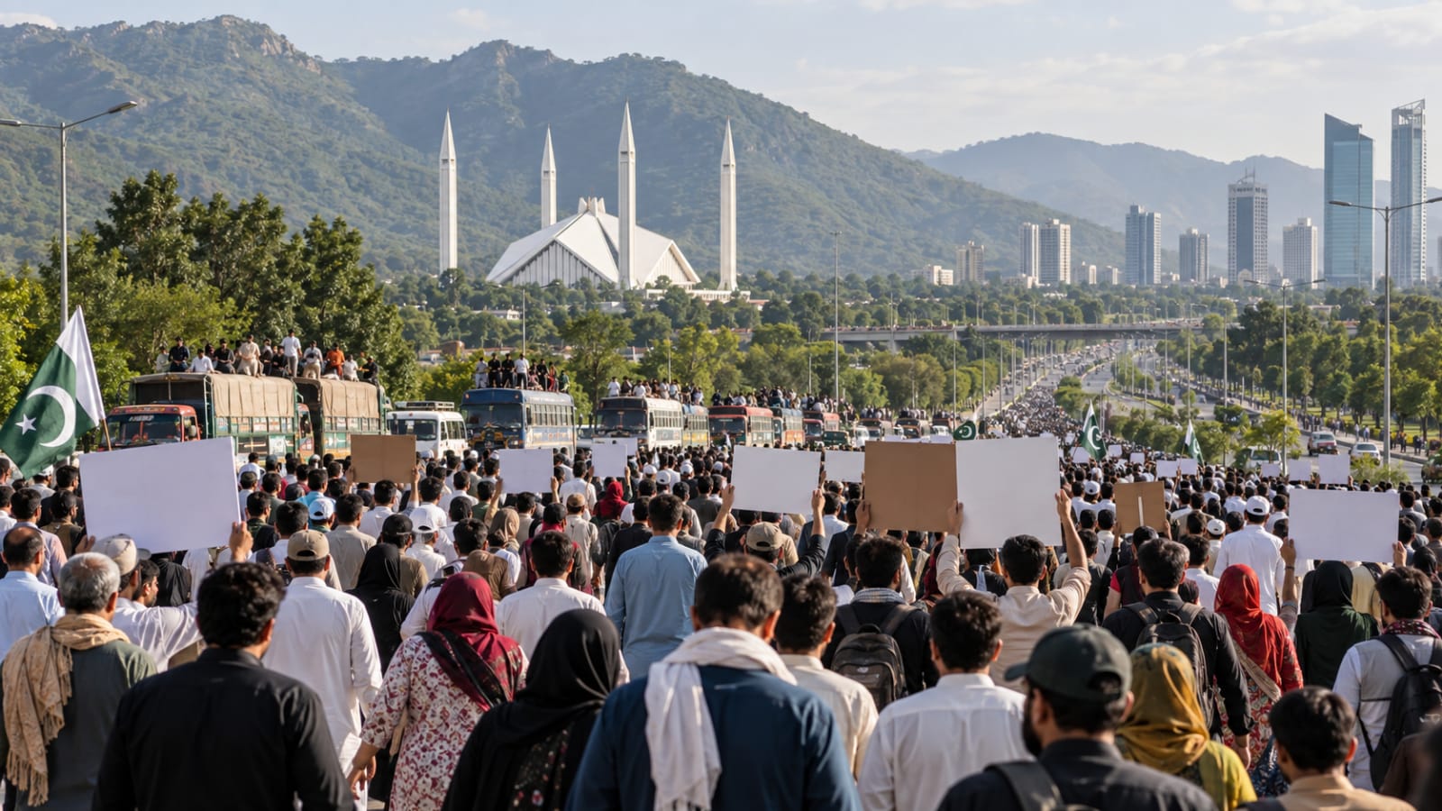 AI-generated editorial illustration of an orderly public march approaching Islamabad