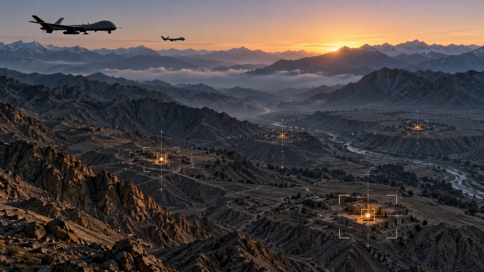AI-generated editorial illustration of aerial surveillance over the Pakistan-Afghanistan border region