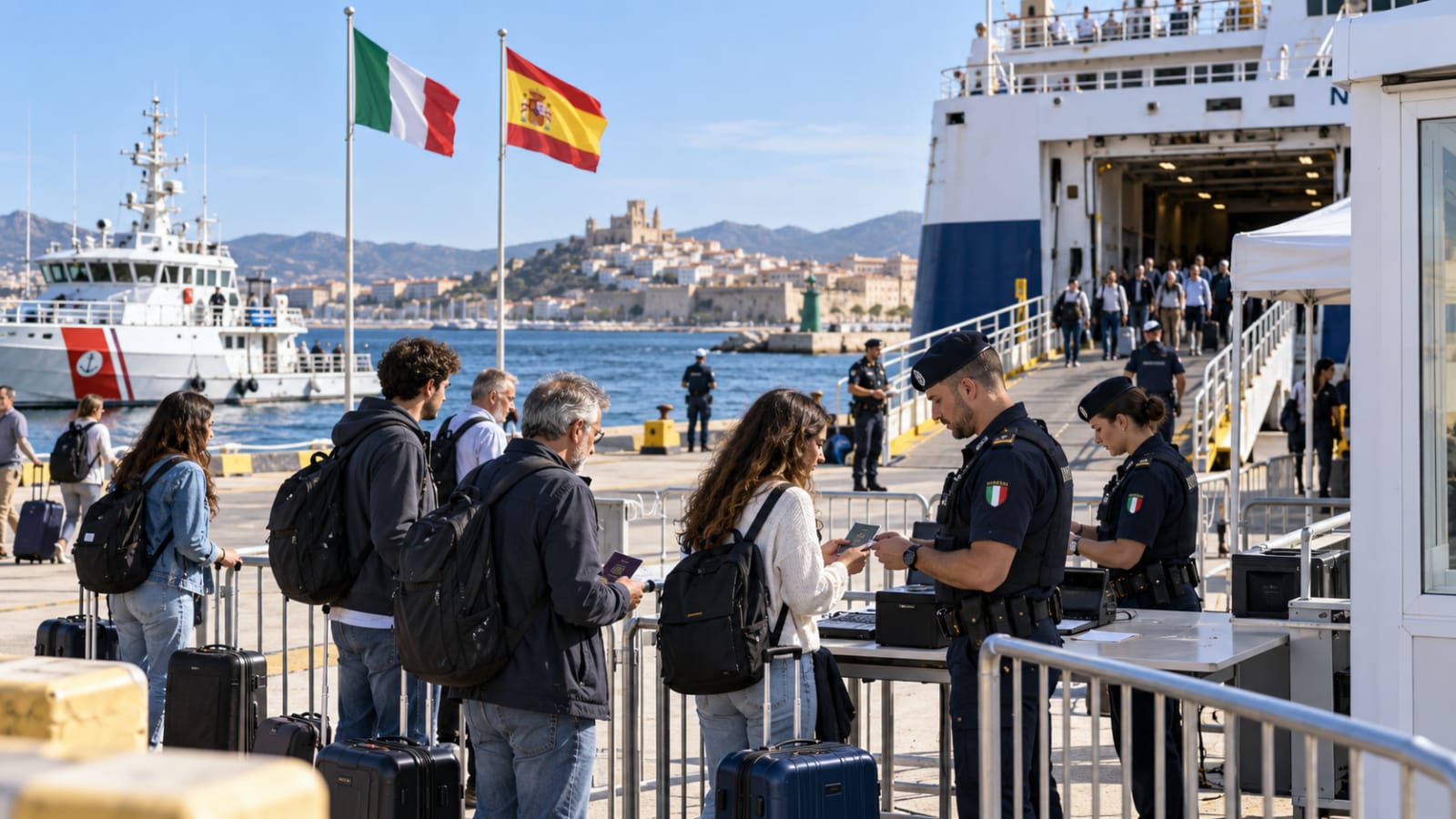 AI-generated editorial illustration of Italian border checks at a Mediterranean ferry terminal