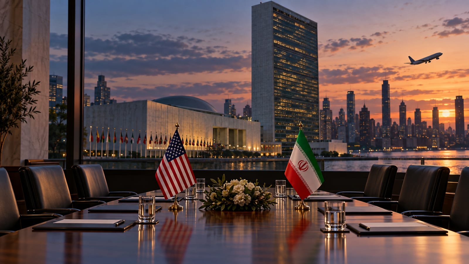 AI-generated editorial illustration of an empty US-Iran diplomatic table near the United Nations