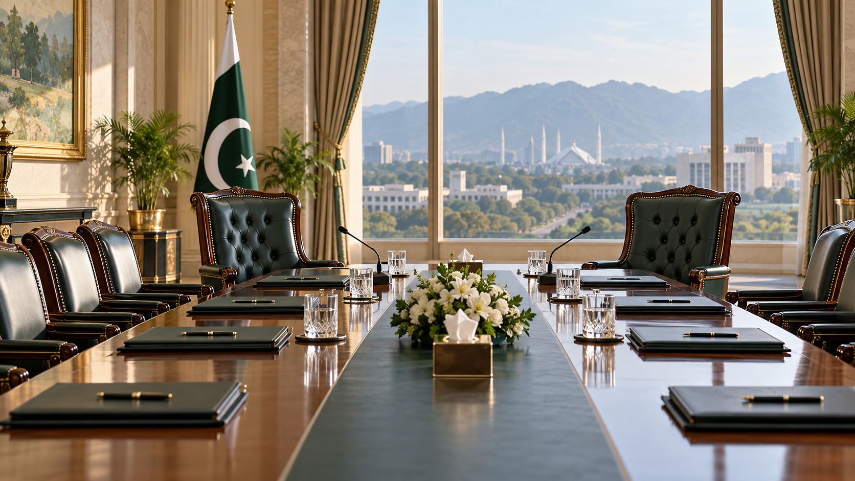 AI-generated editorial illustration of an empty government conference room prepared for political talks in Islamabad