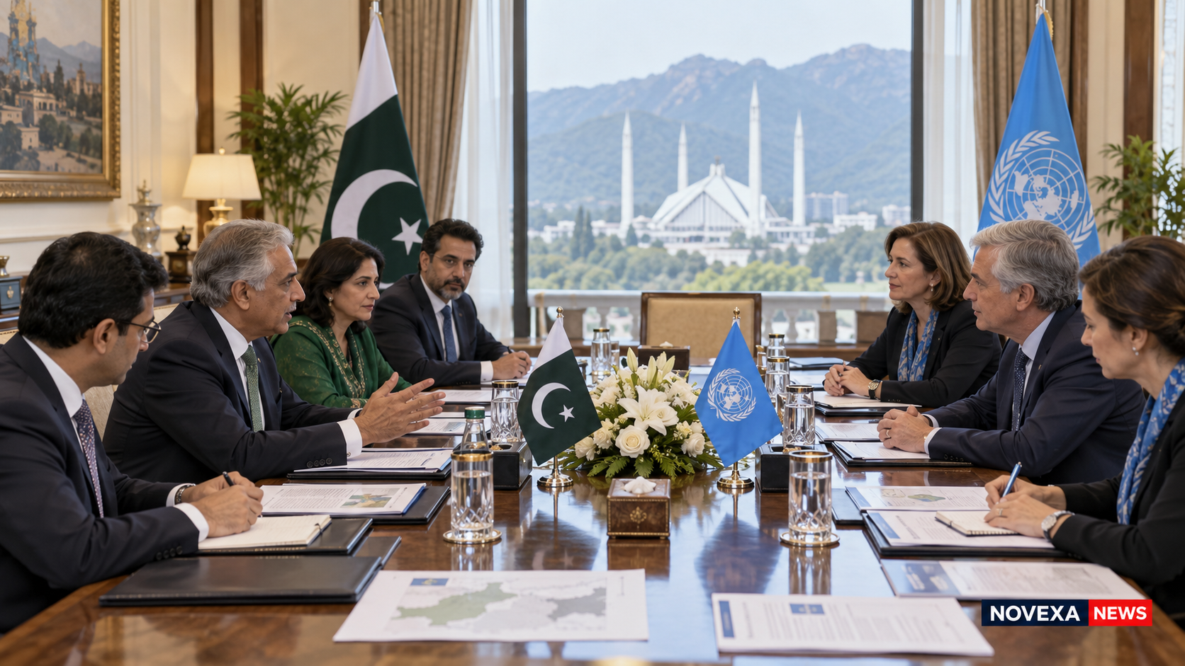 AI-generated Novexa News illustration of Pakistan and United Nations officials discussing counterterrorism cooperation in Islamabad