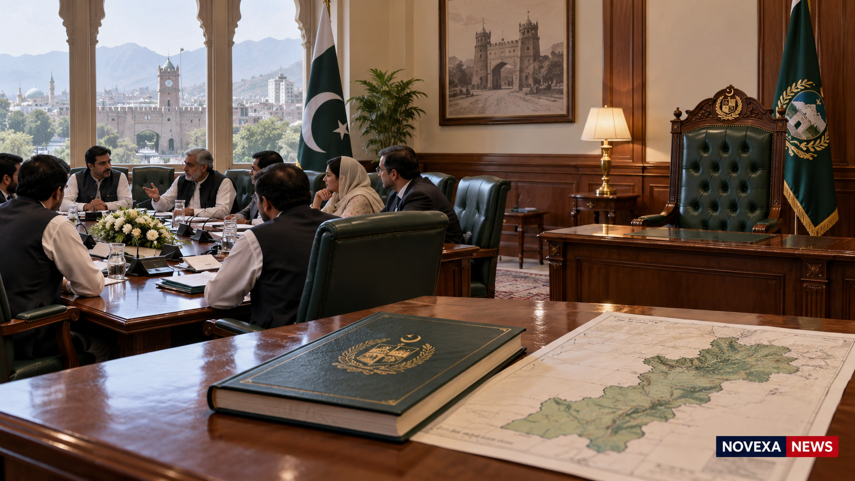 AI-generated Novexa News illustration of a Khyber Pakhtunkhwa cabinet meeting beside an empty governor's chair