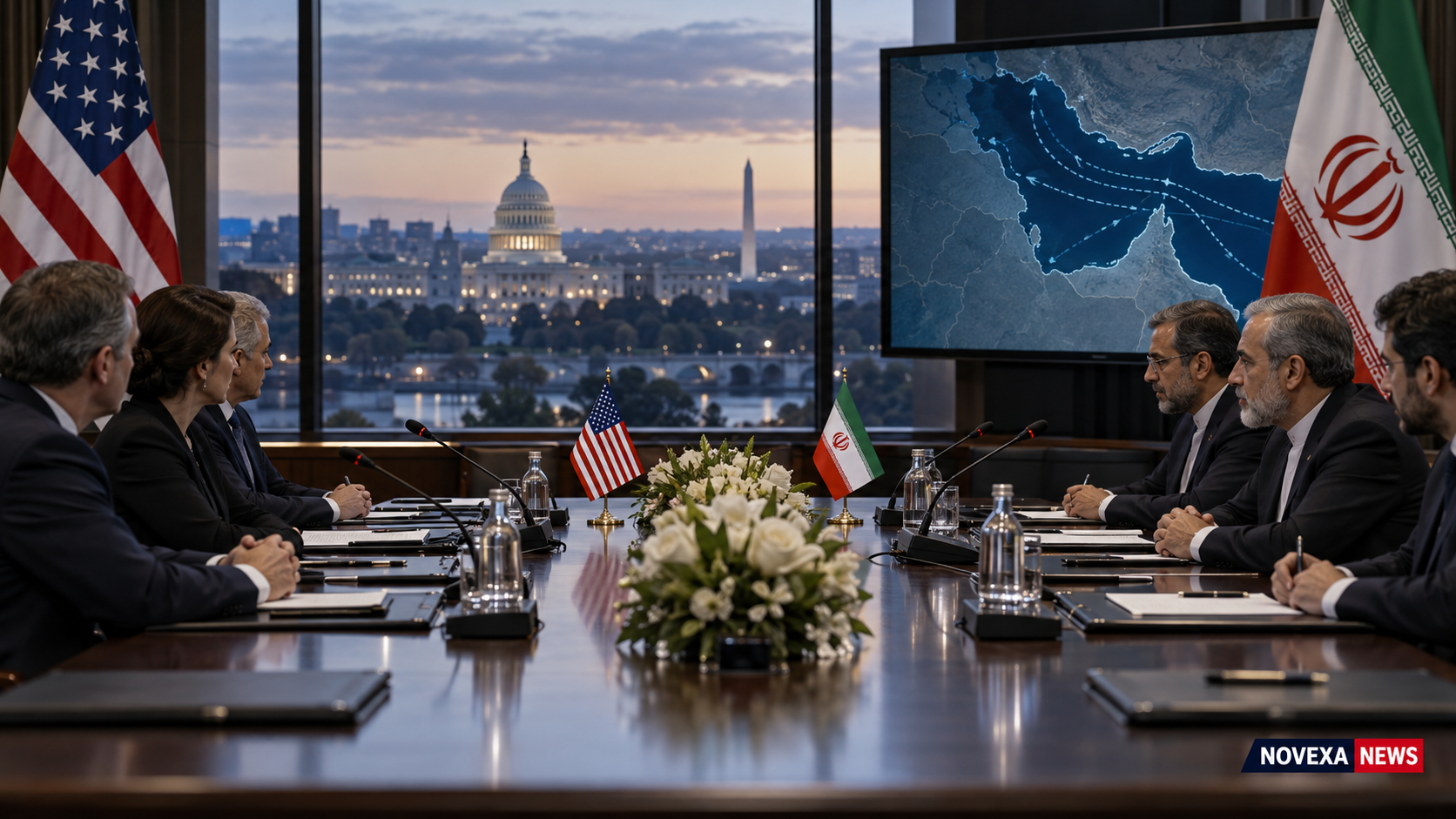 AI-generated Novexa News illustration of United States and Iranian delegations holding diplomatic talks