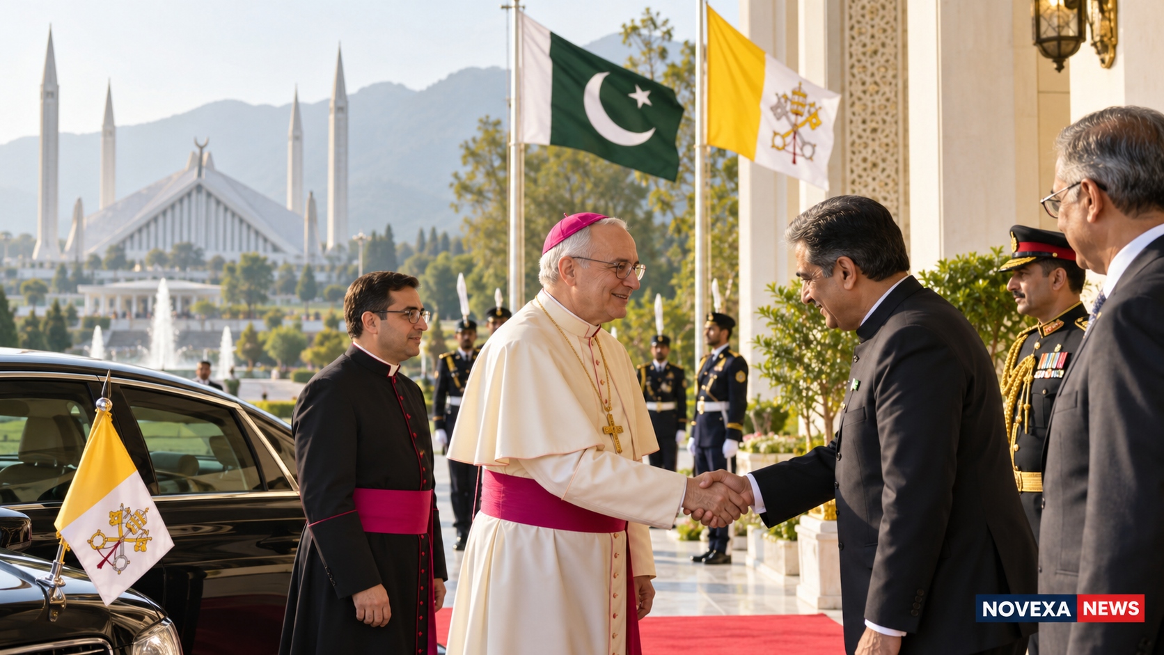 AI-generated Novexa News illustration of a Vatican diplomat being welcomed by Pakistani officials in Islamabad