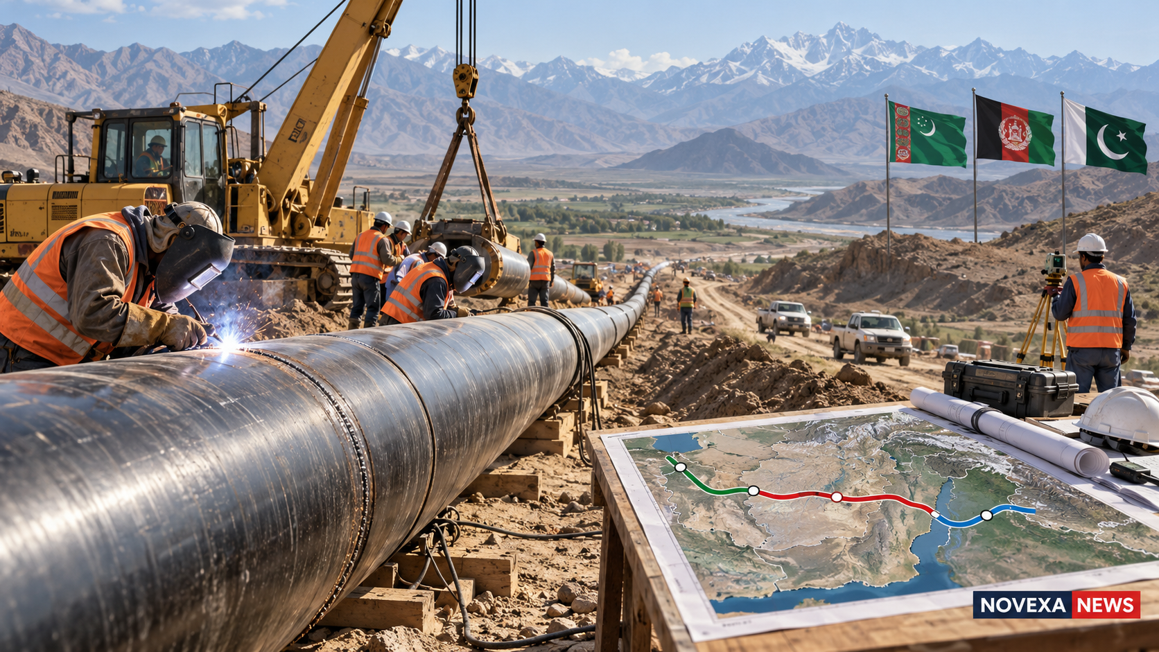 AI-generated Novexa News illustration of engineers building the TAPI gas pipeline through Central Asian terrain