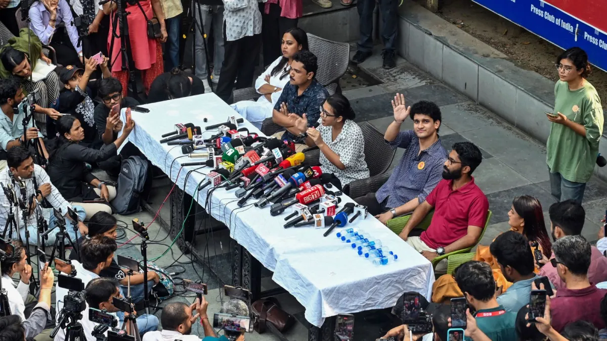 CJP and student representatives address a press conference in New Delhi ahead of the planned October 10 protest