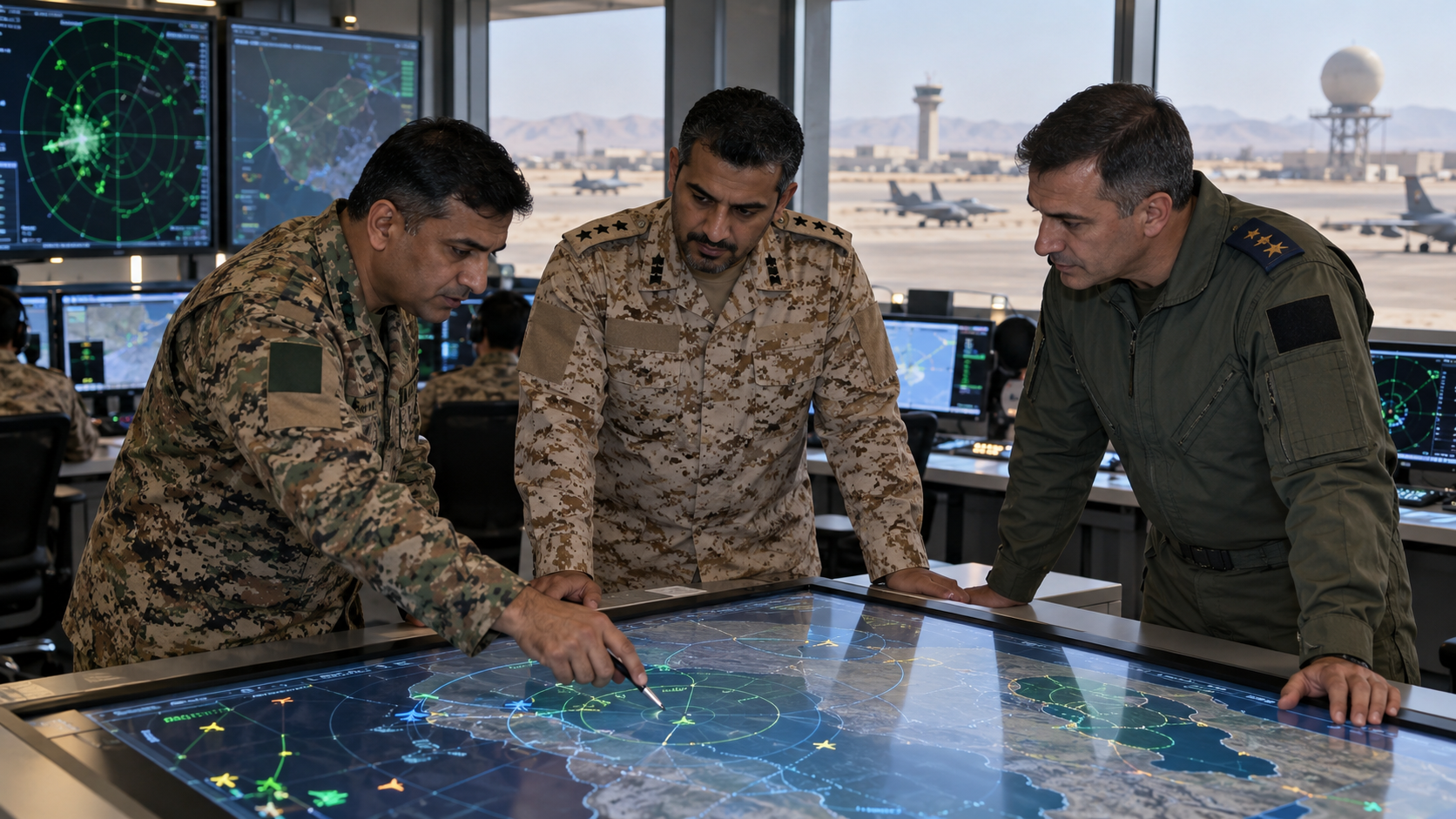 AI-generated editorial illustration of Pakistani, Saudi and Turkish officers coordinating air defence in a command centre