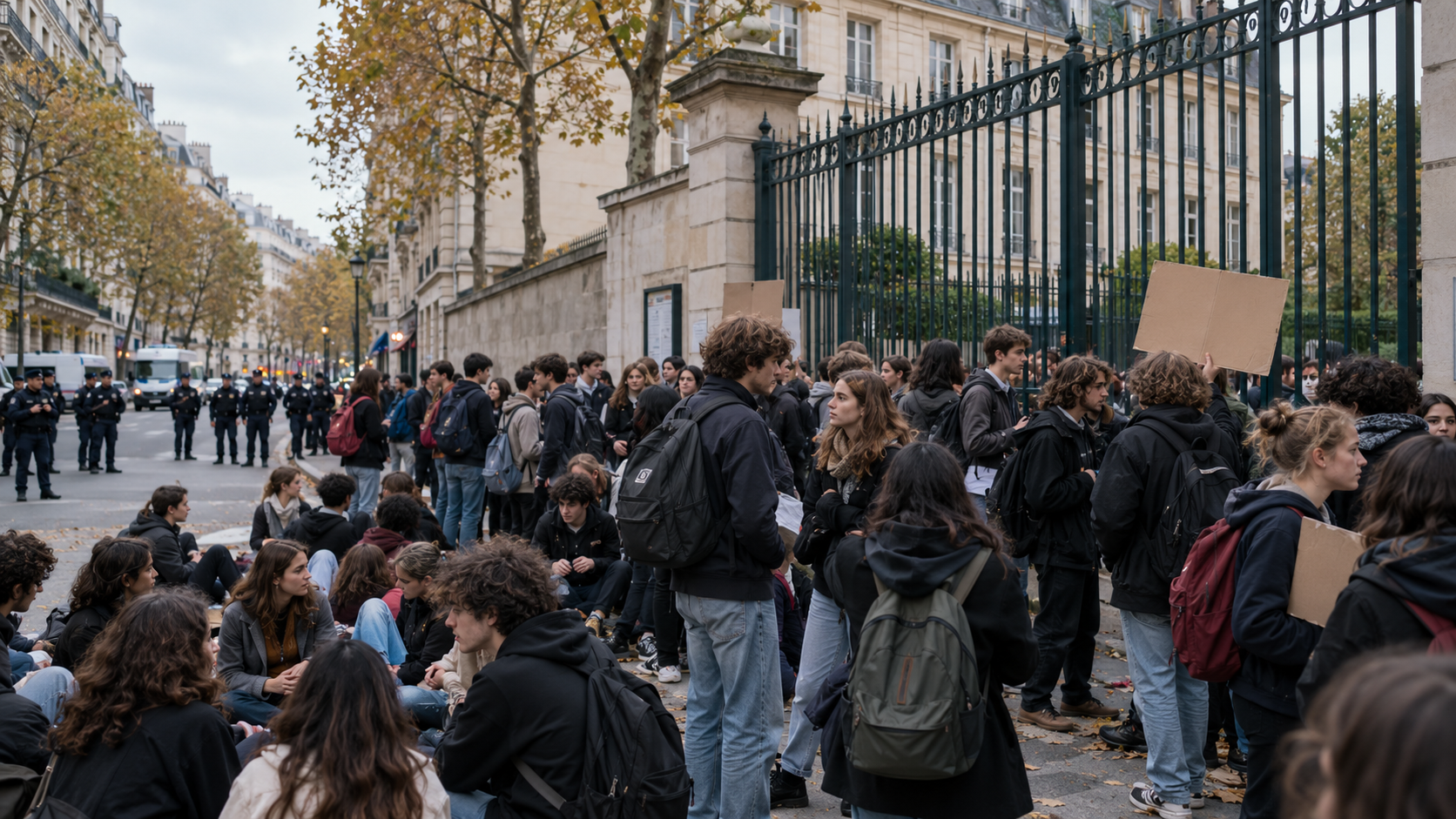 AI-generated editorial illustration of French students gathered outside a Paris school during an education protest