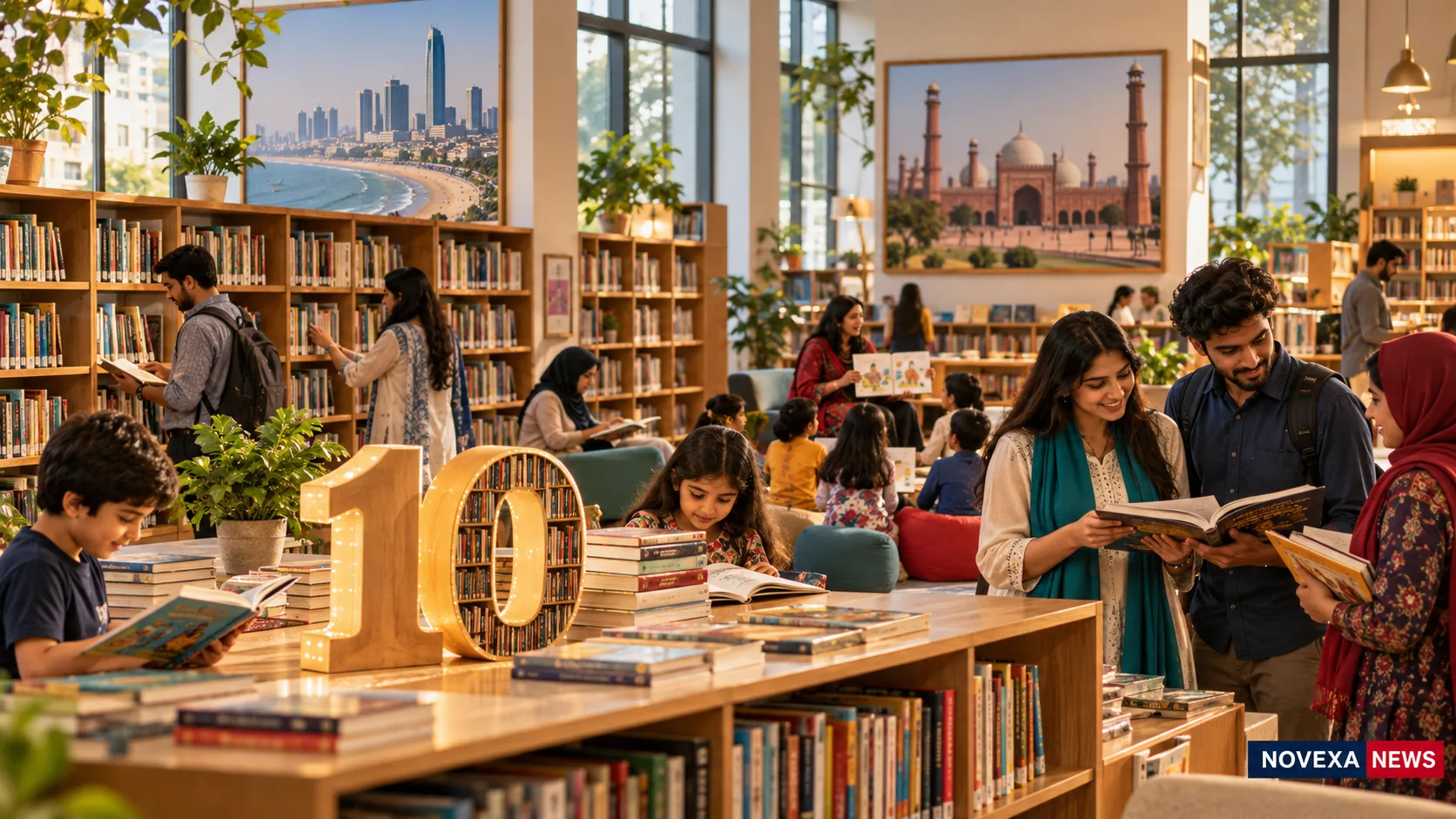 AI-generated Novexa News illustration of families and students using a modern library in Karachi and Lahore