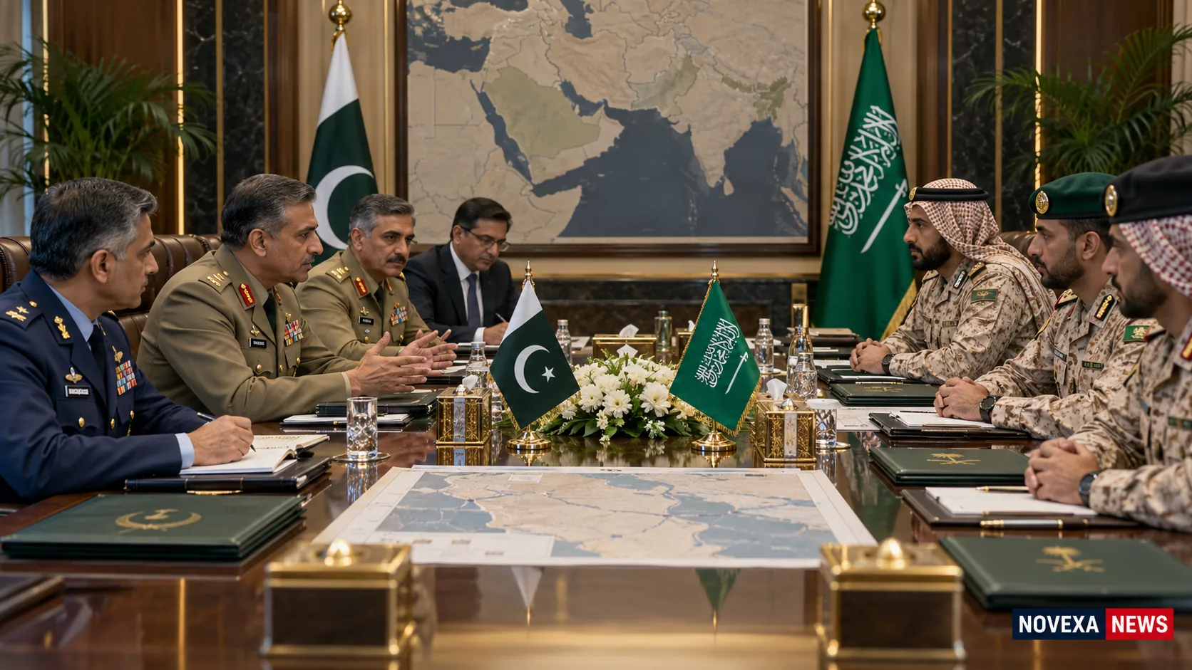 AI-generated Novexa News illustration of Pakistani and Saudi military delegations holding defensive cooperation talks