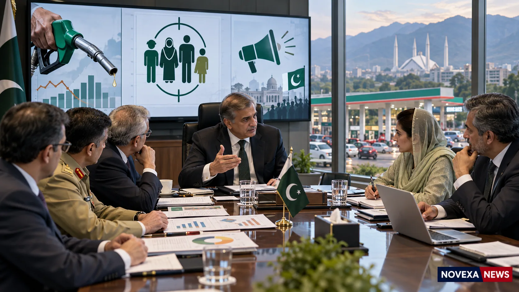 AI-generated Novexa News illustration of Pakistani officials reviewing a targeted fuel relief initiative in Islamabad
