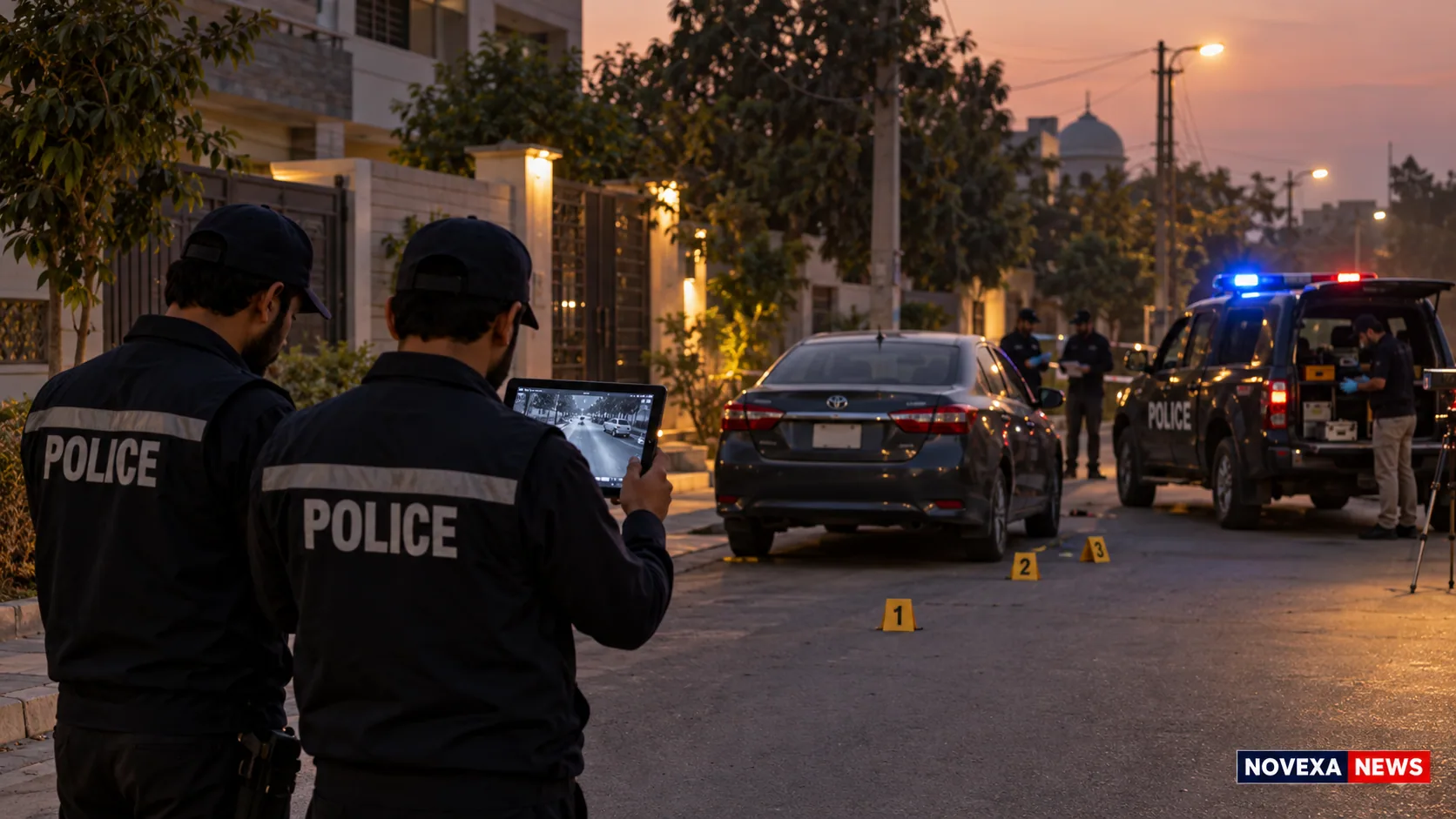 AI-generated Novexa News illustration of police examining CCTV evidence beside a car on a residential road in Multan