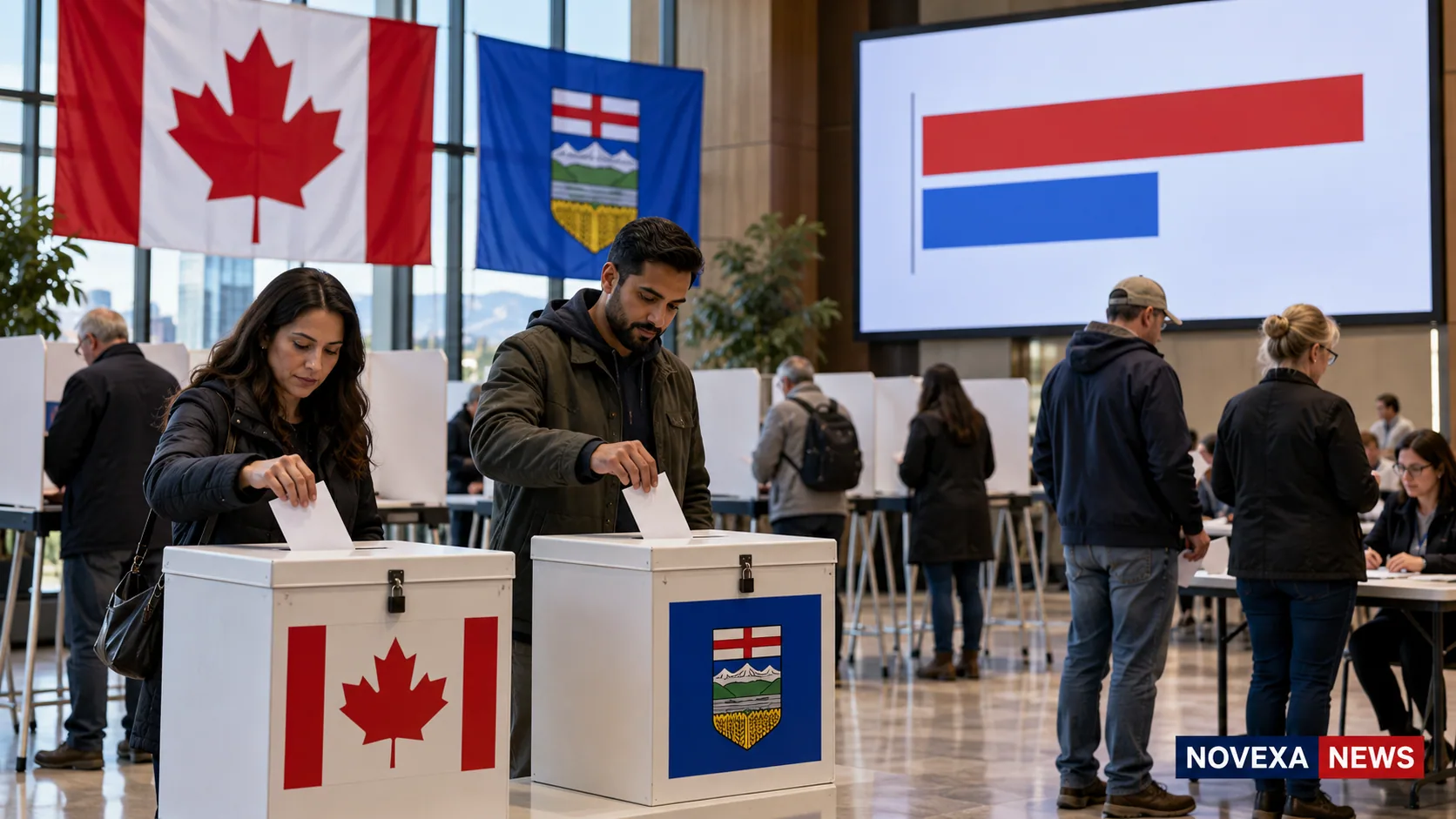 AI-generated Novexa News illustration of Alberta voters casting ballots beneath Canadian and provincial flags