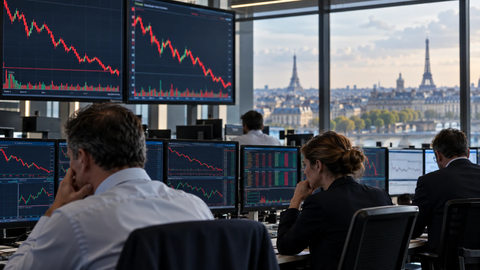 AI-generated editorial illustration of a European trading desk showing falling market charts with Paris in the distance
