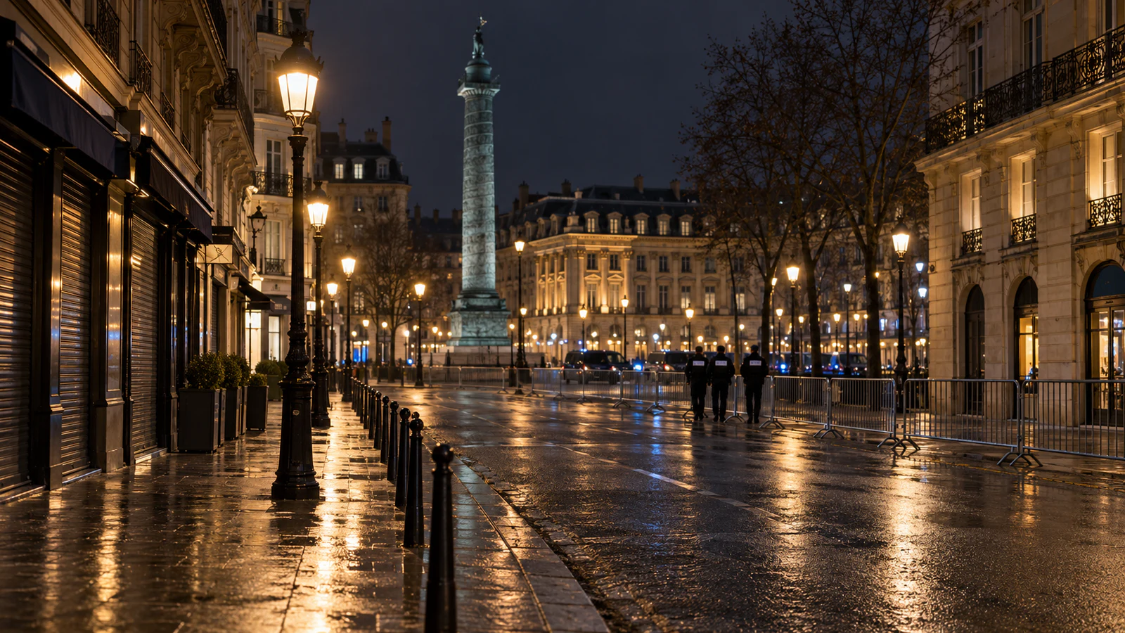 AI-generated editorial illustration of a quiet central Paris street under a localized overnight curfew