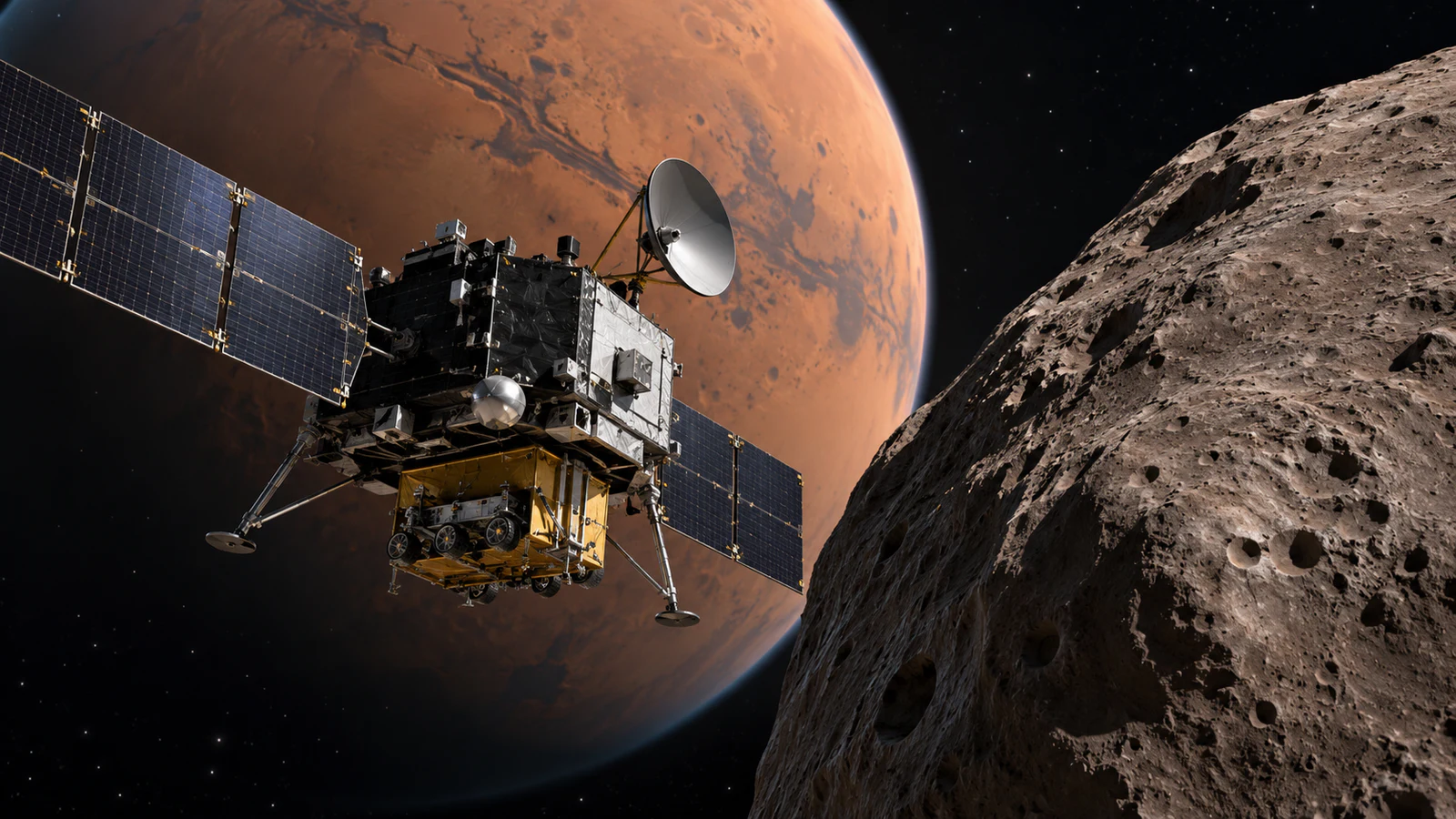 AI-generated editorial illustration of the MMX spacecraft approaching Phobos with Mars in the background