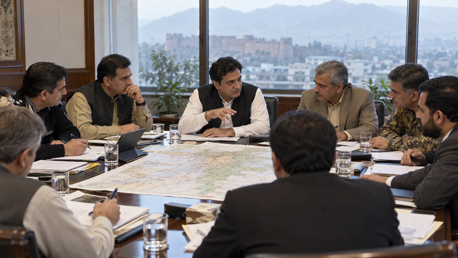AI-generated editorial illustration of civilian and security officials coordinating around a map of Khyber Pakhtunkhwa