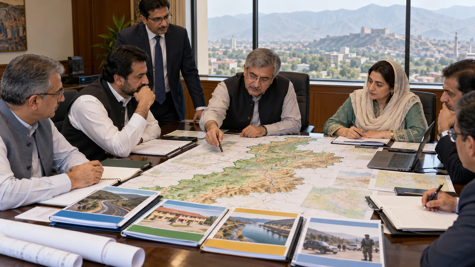 AI-generated editorial illustration of officials reviewing development projects on a map of Khyber Pakhtunkhwa