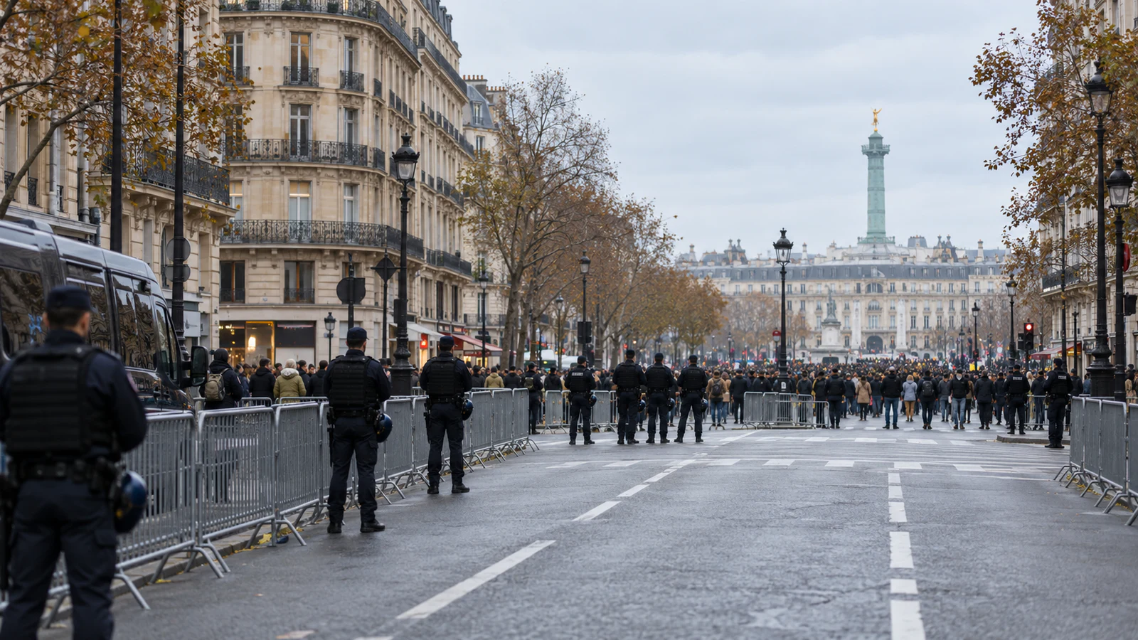 AI-generated editorial illustration of police barriers defining a controlled protest route on a Paris boulevard