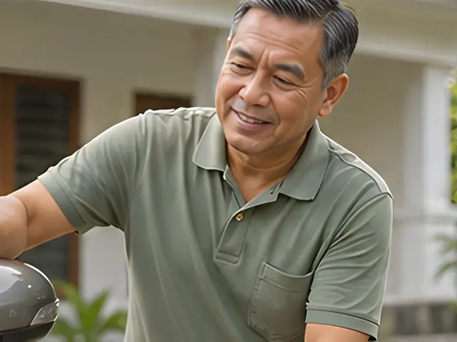 Lelaki yang sama tersenyum dan bertenaga
