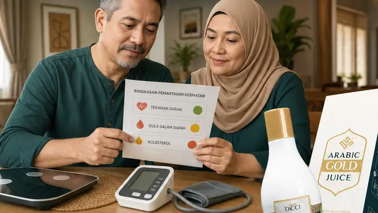 Pasangan membaca laporan kesihatan bersama Jus Arabic Gold