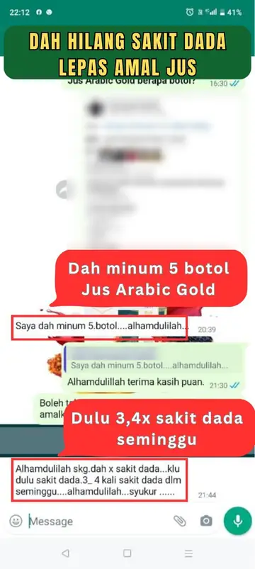 Screenshot WhatsApp: dah minum 5 botol, dah tak sakit dada