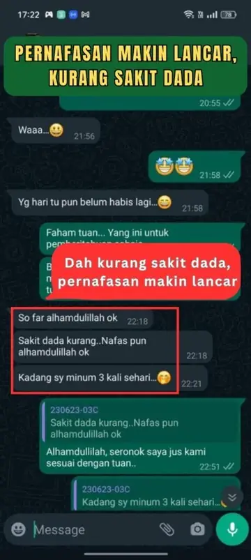 Screenshot WhatsApp: sakit dada kurang, nafas ok