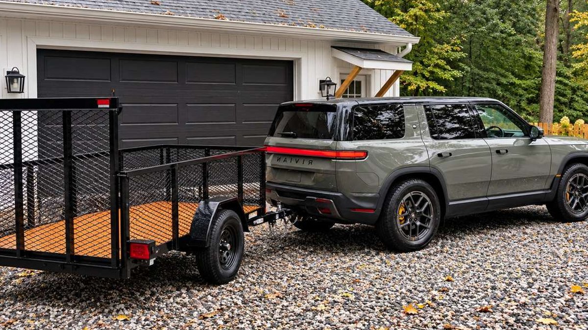 Rivian R2 towing a black utility trailer outside a residential garage.