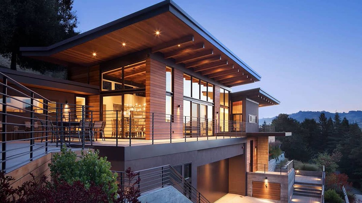 Butterfly roof tops Northern California hillside house Butterfly roof tops Northern California hillside house - butterfly roof
