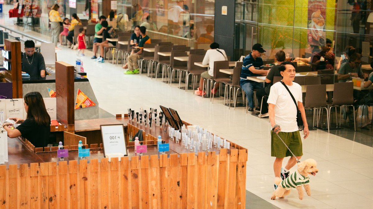 India’s retail market shifts toward bigger, experience-driven malls A lively indoor mall with people shopping and dining, featuring a man walking a dog.