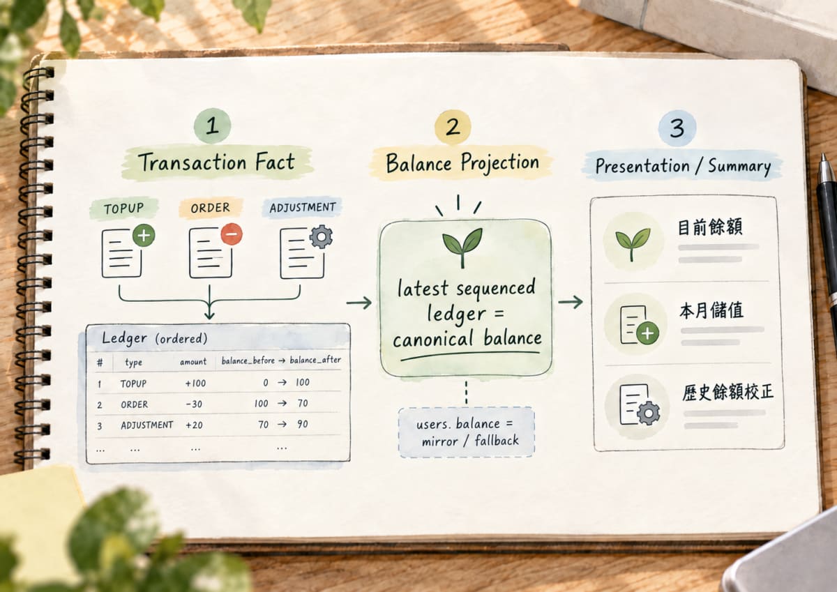 Day 8 Ledger｜Transaction Fact → Balance Projection → Presentation / Summary