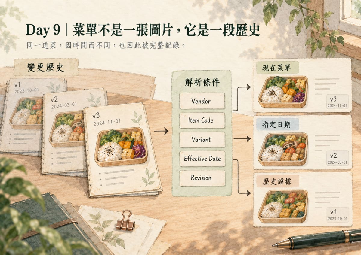 Day 9 Menu History|Vendor / Item Code / Variant / Effective Date / Revision → Current / Historical Evidence