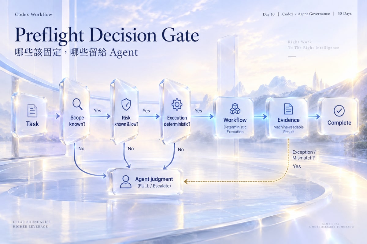 Codex Day 10 Preflight Decision Gate|Scope → Risk → Execution → Workflow / Agent → Evidence