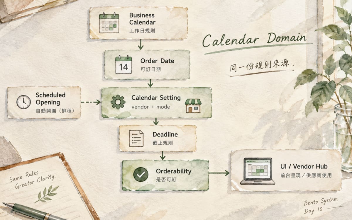 Day 10 Calendar Domain｜Business Calendar → Calendar Setting → Deadline → Orderability → UI / Vendor Hub