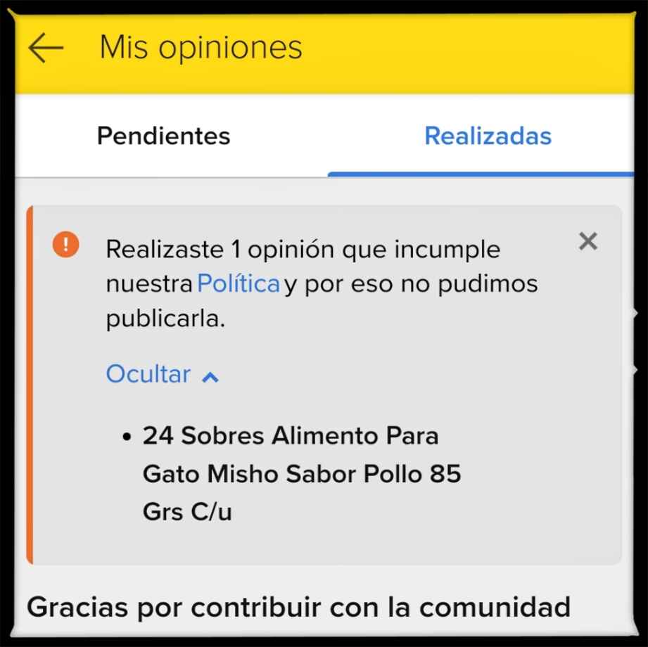 Opinión sobre alimento para gatos Misho eliminada de MercadoLibre